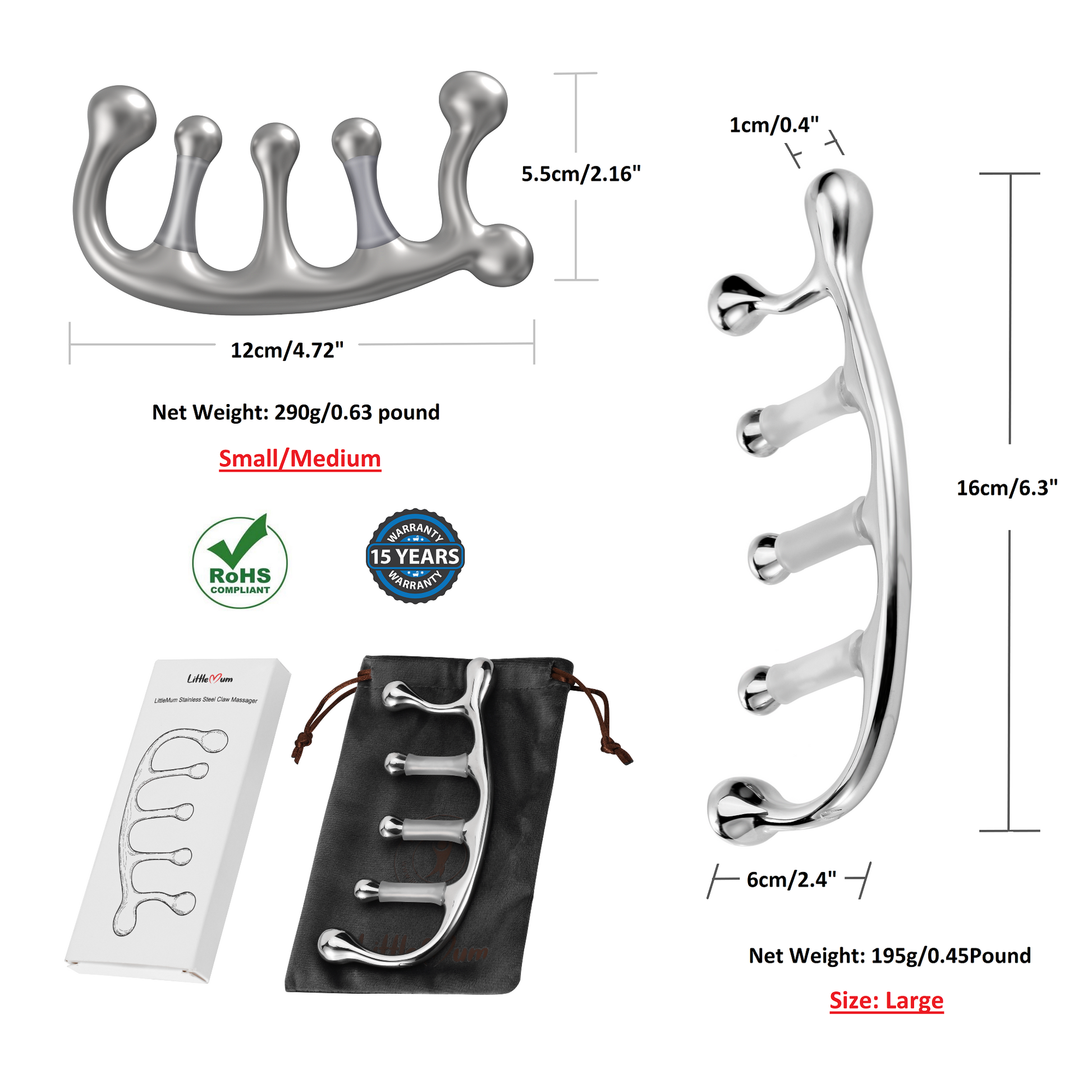 Claw palm massage tool grips for broad and focused pressure