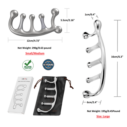 Claw palm massage tool grips for broad and focused pressure