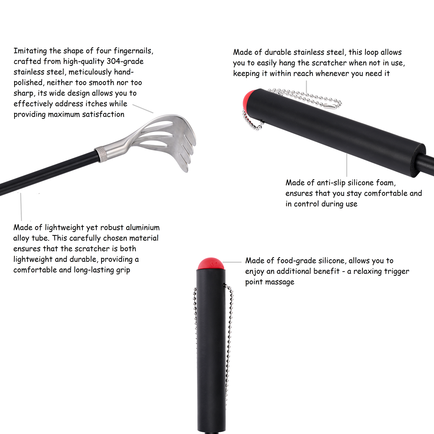 Durable back scratcher with cushioned grip and silicone massage end
