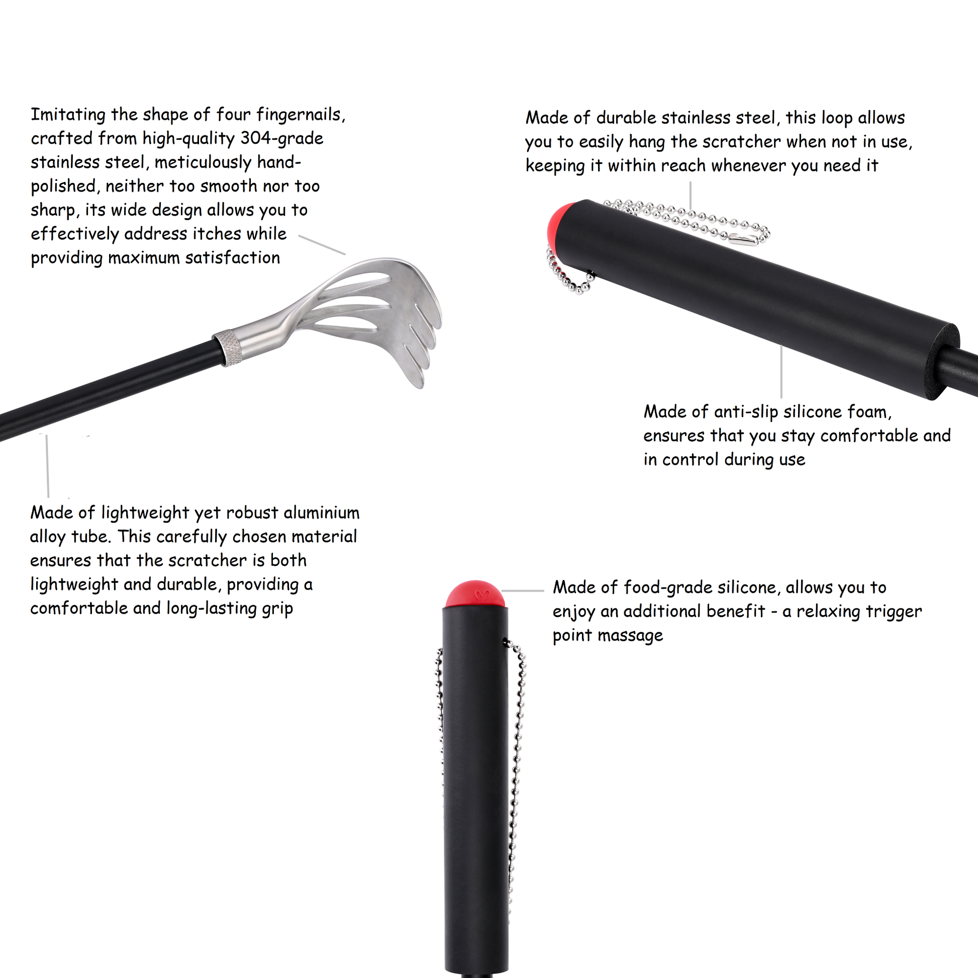Durable back scratcher with cushioned grip and silicone massage end