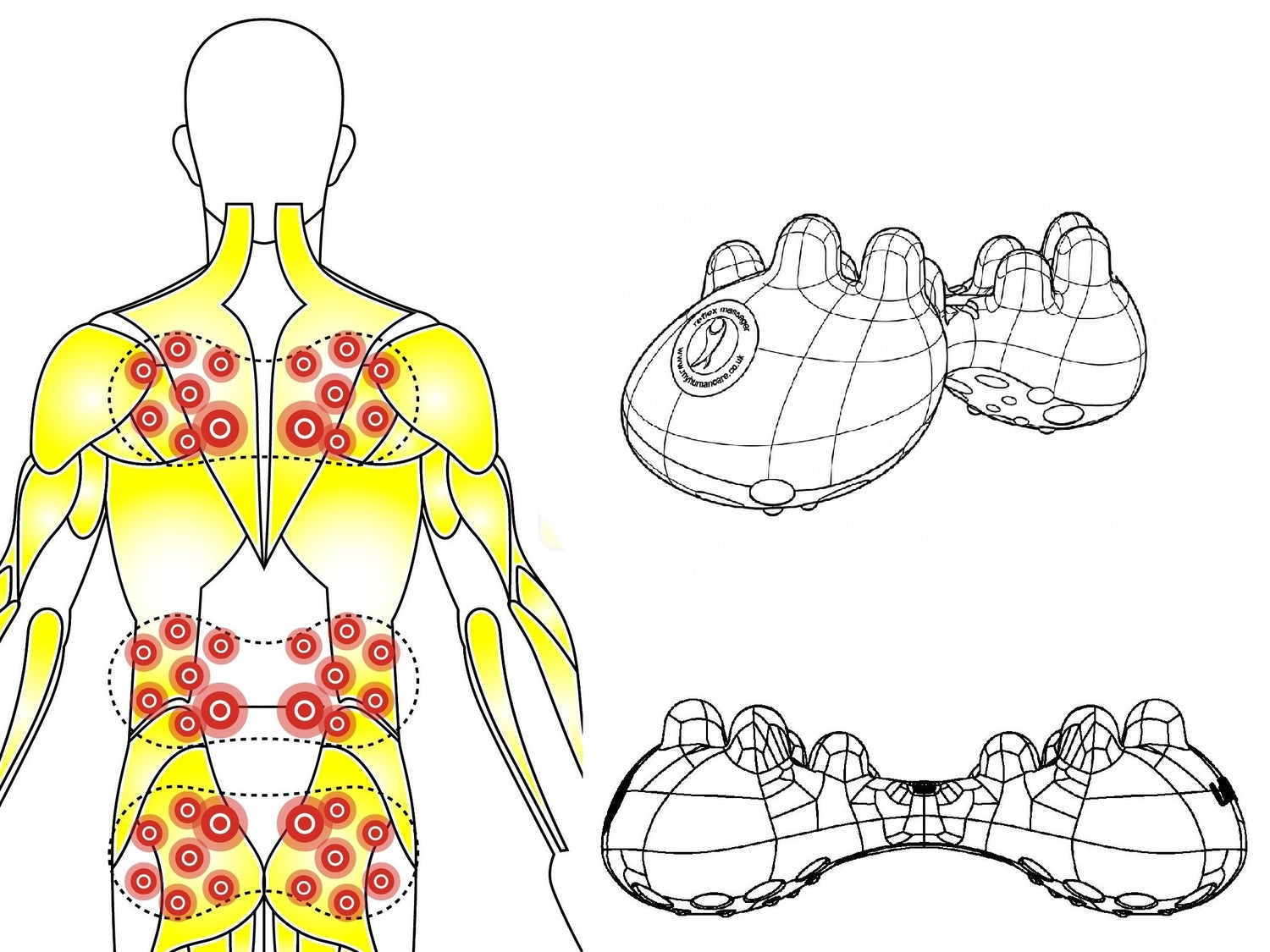 Fourteen massage nodes aligned with back and glute trigger point areas