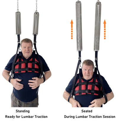 Standing-to-seated lumbar traction with progressive bilateral spring support